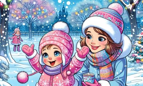 Una bambina di un anno, con grandi occhi brillanti e guance rosa, sta giocando nella neve. Indossa una tuta rosa con motivi di fiocchi di neve e un berretto di lana con pompon. Sorride gioiosamente, con le braccia alzate, cercando di catturare i fiocchi di neve che cadono dal cielo. Accanto a lei, sua madre, una donna di circa 30 anni, ha i capelli castani raccolti in uno chignon e indossa un cappotto blu con una sciarpa colorata. Guarda sua figlia con tenerezza, con un sorriso caloroso sul volto, mentre tiene una tazza di cioccolata calda nelle mani. Il luogo è un incantevole parco invernale, con alberi maestosi coperti di neve scintillante, fiocchi che danzano nell'aria e un cielo azzurro chiaro. Luci colorate decorano i rami degli alberi, aggiungendo un tocco magico alla scena. La situazione principale mostra la bambina meravigliata dalla neve che cade, mentre cerca di afferrare i fiocchi con le sue piccole mani, creando un momento di pura felicità e scoperta in un paesaggio invernale da favola.