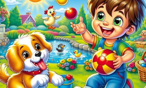 Un niño de 4 años, Lucas, con el pelo castaño despeinado y una gran sonrisa, juega con su pelota roja brillante al borde de un estanque. A su lado, su amigo el perro Toby, un golden retriever de pelaje dorado y ojos brillantes, salta alegremente, listo para ayudarlo. Al fondo, una gallina de plumas blancas y doradas baila sobre la hierba verde, añadiendo un toque de magia a la escena. El lugar es un jardín soleado, lleno de flores coloridas y árboles frondosos, con un estanque brillante donde se refleja el sol. La situación principal muestra a Lucas riendo a carcajadas mientras intenta recuperar su pelota de las patas de un pato divertido que juega con ella, creando un ambiente alegre y lúdico.