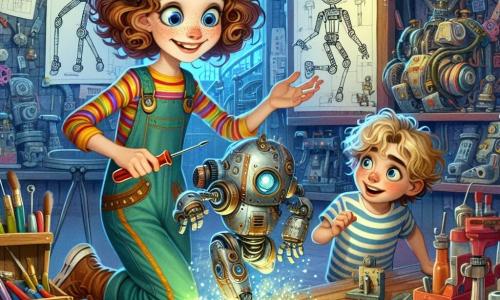 Lotte, eine junge Frau mit lockigem, braunem Haar, trägt einen bunten Overall und hat eine Schutzbrille auf der Stirn. Sie lächelt begeistert, ihre Hände sind fettig, während sie an einem glänzenden Metallroboter arbeitet, der fröhlich zu ihren Füßen tanzt. Neben ihr beobachtet Max, ein etwa 8-jähriger Junge mit zerzausten blonden Haaren und einem gestreiften T-Shirt, fasziniert mit weit aufgerissenen Augen und einem Schraubenzieher in der Hand. Er lehnt sich vor, bereit, Lotte bei ihrer Erfindung zu helfen. Die Szene spielt in einer magischen Werkstatt, gefüllt mit bunten Werkzeugen, Plänen an den Wänden und seltsamen Maschinen, die summen und klappern. Regale quellen über mit mechanischen Teilen und Prototypen, während ein großes Holzschild mit Zeichnungen von Erfindungen den Hintergrund schmückt. Die Hauptsituation zeigt Lotte und Max, die gemeinsam an ihrem Roboter arbeiten, der gerade aufgestanden ist und zu tanzen beginnt, was eine fröhliche und dynamische Atmosphäre voller Kreativität und Freundschaft schafft.