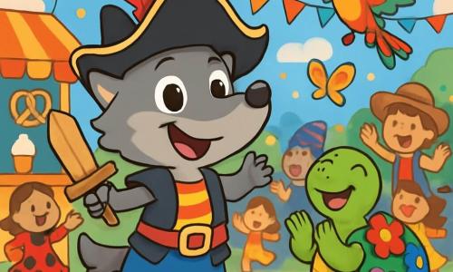 Ein lächelnder kleiner Piratenwolf mit einem schwarzen Hut, der mit einer roten Feder geschmückt ist, und einem Pappschwert tanzt fröhlich inmitten einer lebhaften Menge. Seine Augen strahlen vor Aufregung und sein weiches graues Fell hebt sich von seinem bunten Kostüm ab. Neben ihm applaudiert eine fröhliche Schildkröte, die als bunte Blumen verkleidet ist, lachend mit funkelnden Augen. Ein lebhafter Schmetterling und ein Papagei mit leuchtend roten und grünen Federn fliegen um sie herum und rufen vor Freude. Der Ort ist ein festlicher Karneval mit bunten Essensständen, Lichtergirlanden und schwebenden Ballons in einem strahlend blauen Himmel. Kinder in verschiedenen Kostümen tanzen und lachen um sie herum und schaffen eine fröhliche Festatmosphäre. Die Szene zeigt den Moment, in dem Lupo und seine Freunde zusammen feiern, umgeben von Musik und leuchtenden Farben, die Freundschaft und die Freude des Karnevals symbolisieren.