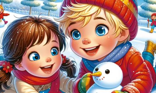 A 4-year-old boy named Max, with messy blonde hair and bright blue eyes sparkling with joy, is lying in the snow making a snowman. He wears a bright red jacket, a wool hat, and colorful gloves, and his face radiates excitement. Next to him, his best friend Lily, a 4-year-old girl with brown pigtails and a bright yellow hat, laughs while making a snow angel, her cheeks rosy from the cold. The scene is set in an enchanting winter landscape, with snow-covered trees, softly falling snowflakes from a light blue sky, and endless white hills. The main situation shows Max and Lily having fun together in the snow, surrounded by the magic of winter, creating joyful memories and discovering the beauty of the season.