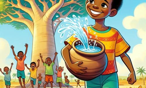 Mussa, um menino de 8 anos, tem pele dourada e cabelos crespos. Ele usa uma camiseta colorida e um short leve. Seu rosto expressa determinação e alegria enquanto segura um grande pote de barro cheio de água. Ao seu lado, um majestoso baobá, com um tronco largo e galhos estendidos, parece sorrir para ele, com suas folhas verdes dançando ao vento. Ao fundo, um pequeno grupo de crianças da mesma idade que Mussa, com sorrisos brilhantes, o incentiva levantando os braços. O cenário é uma bela savana moçambicana, com gramíneas douradas e um céu azul radiante. A cena mostra Mussa, orgulhoso e feliz, voltando para sua aldeia com água, pronto para compartilhar sua vitória com a comunidade.
