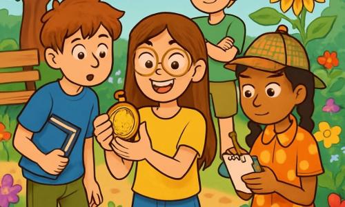 Há 4 crianças: - Luísa: uma menina de 10 anos, com cabelos longos e castanhos e óculos redondos, vestindo uma camiseta amarela e um short de jeans. Ela está no centro, segurando um velho medalhão com um grande sorriso no rosto. - Paulo: um menino de 10 anos, com cabelos castanhos bagunçados e um livro debaixo do braço, vestido com uma camiseta azul e calças cargo. Ele está à esquerda de Luísa, observando o medalhão com curiosidade. - Marina: uma menina de 10 anos, com cabelos negros trançados e um chapéu de detetive, vestindo um vestido de bolinhas. Ela está à direita de Luísa, anotando em um pequeno caderno. - Tomás: um menino de 10 anos, com cabelos loiros e óculos de sol na testa, vestido com uma camiseta verde e shorts. Ele está atrás de Luísa, com os braços cruzados, mostrando uma expressão determinada. O local da cena principal é um jardim comunitário vibrante, cheio de flores coloridas, grandes árvores frondosas e um velho banco de madeira. Ao fundo, um grande girassol se ergue majestoso, chamando a atenção das crianças. A cena mostra os quatro amigos descobrindo um antigo medalhão no jardim, cercados por flores coloridas e árvores verdes, com expressões de excitação e curiosidade. Eles estão envolvidos em uma investigação, prontos para resolver o mistério do medalhão mágico.