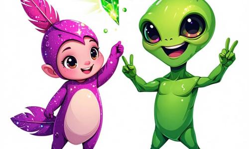 Poppy, een klein roze veertje met een glinsterende glans, staat in het midden van de afbeelding, met verwonderde ogen, een heldere groene kristal boven haar hoofd houdend. Naast haar staat Zog, een grappige alien met een glibberig paarse lichaam en grote ronde ogen, enthousiast glimlachend met zijn armen omhoog in een overwinning gebaar. Op de achtergrond is de Groene Grot te zien met muren die glinsteren van kleurrijke kristallen, verlicht door een zachte licht, wat een magische en mysterieuze sfeer creëert. De hoofdscene toont Poppy en Zog, triomfantelijk na het vinden van de kristal, klaar om de planeet Glimmeron te redden van een bedreigende asteroïde.