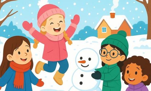 Er zijn 4 kinderen: Saar: een 7-jarig meisje met lange bruin haar, een grote rode sjaal en een blauwe jas. Ze glimlacht terwijl ze naar de vallende sneeuw kijkt. Noor: een 6-jarig meisje met blonde vlechten, gekleed in een roze jas en een pomponmuts. Ze springt vrolijk in de sneeuw. Yara: een 8-jarig meisje met zwart haar en een bril, gekleed in een groene skikleding. Ze maakt een sneeuwman. Mila: een 5-jarig meisje met krullend haar en een stralende glimlach, draagt een paarse donsjas. Ze kijkt naar de vogels in de bomen. De locatie is een mooie wintertuin, bedekt met een dikke laag glinsterende sneeuw. Naakte bomen staan eromheen, met takken versierd met sneeuwvlokken. Op de achtergrond is er een klein, warm huisje met rook uit de schoorsteen. De kinderen hebben plezier samen in de sneeuw en voeden een klein roodborstje dat naar hen toe komt. Ze zijn omringd door zacht vallende sneeuwvlokken, wat een magische en vrolijke sfeer creëert.