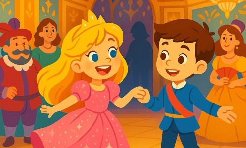 Princess Lila, a young girl with golden hair and sparkling eyes, is joyfully dancing on the ballroom floor, her face radiating happiness and excitement. She wears a stunning sparkling pink dress adorned with sequins that shine in the light of the chandeliers. Next to her is Prince Leo, a boy with brown hair and bright eyes, dressed in an elegant blue suit. He smiles warmly at Lila, extending his hand to invite her to dance. They are surrounded by nobles in colorful outfits, who watch them with admiration and wonder. The ball takes place in a grand castle hall, with gilded walls and colorful frescoes. Garlands of flowers and twinkling lanterns decorate the ceiling, while a large crystal chandelier casts a soft, warm light. The main scene shows Lila and Leo dancing together, their laughter echoing in the air, while a mysterious shadow looms at the entrance of the room, adding a touch of suspense to this enchanted scene.