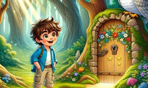 A young boy named Oliver, around 10 years old, stands in the center of the image with big curious eyes and a delighted smile. He has messy brown hair and wears a blue shirt with beige canvas pants. Oliver is fascinated by a small wooden door adorned with flowers and stars, hidden under a carpet of green moss. Next to him, a wise owl named Luna, with silver feathers and bright golden eyes, perches on a tree branch. She looks kind and smiling, ready to guide Oliver on his adventure. In the background, the enchanted forest stretches out, with majestic trees, thick trunks, and shimmering leaves under the sunlight. Colorful flowers bloom here and there, and a soft beam of light filters through the branches, creating a magical atmosphere. The main scene shows Oliver discovering the secret door, his heart racing with excitement, ready to enter the mysterious tunnel leading to an enchanted world, while Luna watches him with an encouraging gaze.
