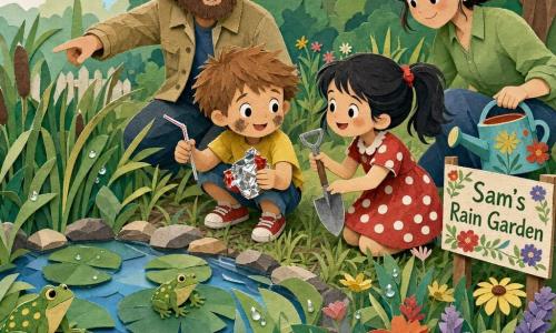A 6-year-old boy with messy light-brown hair, big curious eyes and a dirt-smudged face, smiling and determined, delicately holding a plastic straw and a shiny wrapper; a 6-year-old girl, Mia, with a black ponytail in a polka-dot dress kneeling beside him and offering a small metal shovel with an enthusiastic look; a bearded father in a canvas jacket standing behind, pointing encouragingly toward a small round pond edged with water lilies and tall grasses cut in bands, and a crouched mother with tied-back hair in a green shirt holding a colorful watering can beside a painted sign reading Sam’s Rain Garden; the children pick up litter at the pond’s edge while green frogs with golden spots watch from lilies, soft morning light, visible torn-paper textures and layered collage effect, color palette of tender greens, butter yellows, soft blues and touches of red with crisp outlines and drop shadows.