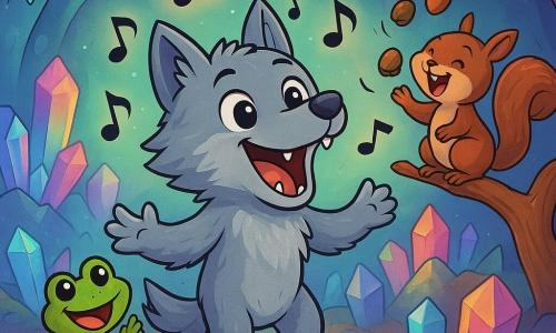 A joyful and curious werewolf with soft, shimmering silver-gray fur stands at the center of the scene. His large, bright eyes express excitement as he smiles widely, showing his sharp white teeth. He is singing, surrounded by floating musical notes dancing around him. To his right, a mischievous little squirrel with brown fur and a bushy tail stands on a branch, laughing and tossing acorns in the air. To his left, a green frog with round, sparkling eyes, perched on a rock, claps enthusiastically. The setting is a sparkling cave where colorful crystals shine in the soft light, creating a rainbow of reflections on the walls. Stalactites and stalagmites add a magical touch to the environment. The main scene shows the werewolf joyfully singing with his friends, creating an engaging melody that resonates throughout the cave, blending with the laughter of the forest creatures.