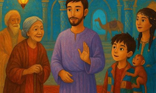 Amir, a gentle-faced man with bright amber eyes and a calm smile, stands center in a dawn-colored robe and sandals with a raised hand to soothe, while to his left Mrs. Noura, an elderly woman with gray hair in a bun and a carved wooden cane, holds a basket of dates and smiles gratefully; to his right a ~10-year-old boy in a patchwork jacket balances a small mischievous red-furred monkey on his shoulder; nearby a thirties camel driver with braided hair and small bells stands by an elevated bridge as her richly saddled camel watches; at the far left a poor old man, soon to become the Guardian, has a gaunt face that brightens as his rags turn into golden robes under magical light. The scene is a council hall with a star-painted dome, blue-and-gold mosaic arches, embroidered red carpets and hanging oil lamps casting warm golden light; Amir speaks calmly to the counselors with gentle gestures, the surrounding faces showing surprise and calm, evoking a nascent peace with warm colors and rich, Arabian Nights–inspired decorative detail.
