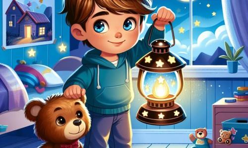 An 8-year-old boy, Toby, with messy brown hair and sparkling curious eyes, stands in his room with a confident smile on his face. He holds a lantern decorated with bright stars and moons, gently illuminating his face. Beside him, his faithful teddy bear, Max, a brown stuffed bear with a small red bow around its neck, seems to encourage him with a friendly look. The room is warm, with sky-blue walls, adventure posters hanging up, and toys scattered on the floor. A beam of moonlight filters through the window, casting soft shadows on the carpet. In this scene, Toby discovers that shadows are just friends in disguise as he explores his space with courage and wonder, ready to face the night without fear.