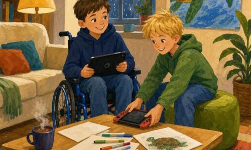 Ci sono due ragazzi di circa 10 anni: Tommaso, capelli castani corti, seduto su una sedia a rotelle blu al centro del soggiorno, tiene un tablet nero sulle ginocchia e sorride dicendo 
