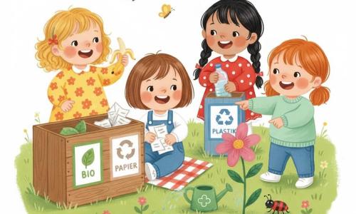 Vier einjährige Mädchen im sonnigen Garten: links Mia mit blonden Locken und gelbem Blumenkleid, die eine Bananenschale in die grüne Kiste „BIO“ legt; links-mittig Leni mit kastanienbraunem Bob und blauer Latzhose, die zerknüllte Papierblätter in die weiße Kiste „PAPIER“ steckt; rechts-mittig Susi mit langen schwarzen Zöpfen und rotem Pünktchenkleid, die eine transparente Flasche in die Kiste „PLASTIK“ gibt; rechts Nora mit roten Haaren, Grübchen und mintgrünem Pullover, die einen kleinen Käfer im Gras zeigt. Heller Holzbalken, Holzkiste mit drei bunten Etiketten (BIO–PAPIER–PLASTIK), rosa und blaue Blumen, Schmetterlinge, kariertes Picknicktuch auf weichem Rasen; die Babys lachen, sortieren spielerisch Abfall und gießen gemeinsam eine Blume mit einer kleinen grünen Gießkanne, warme Farben, gouacheartige Texturen, einfache, kindgerechte Komposition.