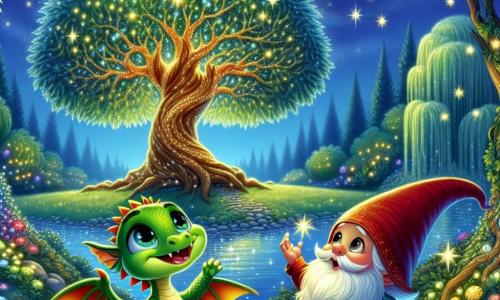 Un piccolo drago verde di nome Zaffiro, con squame brillanti e occhi pieni di curiosità, si trova ai piedi di un maestoso albero dalle foglie scintillanti, con un ampio sorriso sul volto. Batte le ali con eccitazione, pronto a esprimere un desiderio. Accanto a lui, un gnometto di nome Barbolino, piccolo e paffuto, indossa un grande cappello rosso e una barba bianca e morbida, guarda l'albero con meraviglia, gli occhi rotondi pieni di gioia. Alza una mano, come se stesse indicando le stelle che brillano sopra di loro. Lo scenario è un magnifico boschetto incantato, dove fiori luminosi danzano al ritmo del vento e un lago cristallino riflette la luce delle stelle. Colori vivaci e dettagli magici, come lucciole scintillanti, aggiungono un'atmosfera fiabesca alla scena. Zaffiro e Barbolino si trovano davanti all'Albero delle Stelle, in attesa che il drago esprima il suo desiderio, circondati da un'aura di magia e avventura.