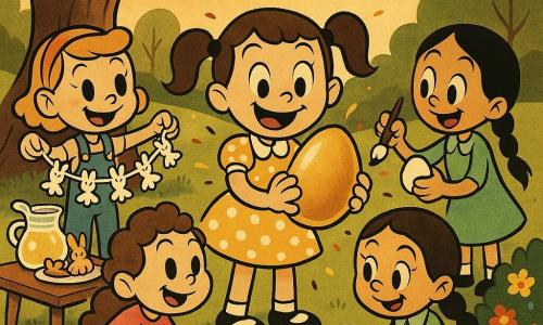 Quatro meninas: Sofia (8 anos, cabelos castanhos em rabos, vestido amarelo com bolinhas brancas) no centro abrindo um grande ovo dourado escondido junto a um tronco; Clara (7 anos, cabelo loiro curto, tiara vermelha, jardineira azul) à esquerda segurando uma guirlanda de coelhinhos de papel; Ana (7 anos, cabelo preto longo e trançado, vestido verde claro) à direita pintando um ovo branco; Luísa (8 anos, cabelo castanho cacheado, suéter rosa) agachada à frente apanhando pequenos ovos de chocolate junto a um arbusto florido; cenário: jardim ensolarado ao entardecer com relva verde, árvores de troncos curvos e folhagem redonda, canteiros floridos, mesa de madeira com biscoitos em forma de coelho e jarra de limonada, pegadas de chocolate no chão; cena principal: as quatro amigas descobrem o grande ovo dourado atrás da árvore, ambiente alegre e dinâmico, sorrisos largos, movimentos estilo 