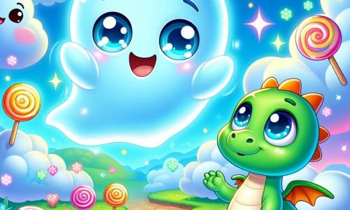 No centro da imagem, um pequeno fantasma chamado Léo, de forma arredondada e translúcida, flutua alegremente no ar. Seus olhos brilham com uma suave luz azul, e um largo sorriso ilumina seu rosto. Ele está cercado por nuvens fofas e coloridas, que mudam de tonalidade com o vento. Ao lado dele, um pequeno dragão chamado Zefir, com escamas verdes brilhantes e asas delicadas, observa Léo com admiração. Zefir, que parece curioso e um pouco preocupado, bate suavemente suas asas para se equilibrar no ar. O cenário é um reino mágico, onde nuvens em forma de doces flutuam em um céu azul brilhante. Flores cantantes de cores vivas florescem ao redor deles, e um arco-íris cintila no horizonte, adicionando um toque de magia à cena. A situação principal mostra Léo e Zefir, de mãos dadas, prontos para atravessar uma passarela luminosa feita de luz, simbolizando sua amizade crescente e a aventura que está por vir.