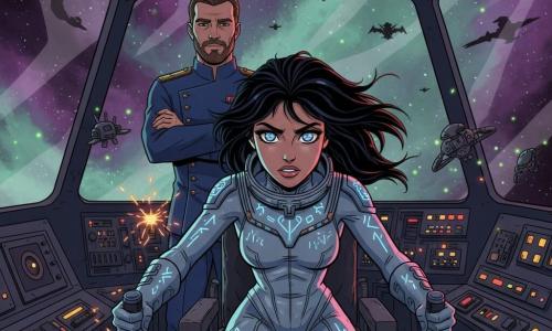 Uma mulher piloto, Elara, rosto expressivo e determinado, olhos brilhantes cor de galáxia, cabelos negros flutuando; veste um traje espacial prateado com runas azuis e manuseia os controles de um cockpit retrofuturista em posição de ataque. Atrás dela, o comandante Orion, cerca de 40 anos, sério e com barba curta, uniforme militar azul‑escuro com ombreiras douradas, braços cruzados observando o horizonte espacial. Pequenos drones de manutenção metálicos flutuam ao redor, emitindo luzes verdes. Interior brilhante e detalhado do convés da nave Astrolábio, grandes janelas mostrando uma nebulosa púrpura e verde, painéis piscando, cabos e metal gasto; ao longe explosões em silhueta. Cena: Elara prepara um salto de velocidade para romper uma linha inimiga visível, tensão palpável, luzes estroboscópicas vermelhas, comandos em movimento e faíscas; composição centrada em Elara, fundo de batalha espacial e nebulosa espetacular.