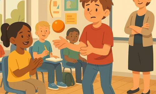 A 12-year-old boy with a round face and messy brown hair, focused but slightly nervous, is juggling three bright oranges—hands in clear motion, leaning forward—while a 12-year-old girl (Maya) with a black ponytail sits front left smiling and gently applauding; Mrs. Patel, a 30–40-year-old teacher with short hair, stands right by the whiteboard with arms crossed and a kind smile, observing approvingly; several classmates (11–13) sit at tables attentively—one holding a pencil, another with a backpack at their feet. The bright classroom has a large whiteboard, colorful educational posters, windows with soft light, light wood floors, blue plastic chairs, and a small towel on the floor serving as a mat for the oranges. The scene is a “Skill Share” presentation where the boy practices juggling—curved trajectories show oranges in flight and one has just fallen onto the towel—warm, supportive, slightly tense atmosphere.