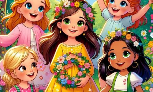 In un giardino colorato, quattro bambine si tengono insieme, raggiante di gioia. Sofia, 8 anni, con lunghi capelli castani e occhi brillanti, indossa un vestito giallo decorato con fiori e sorride ampiamente tenendo una corona di fiori. Mia, 7 anni, con capelli biondi e occhi blu, indossa una maglietta rosa e guarda con meraviglia la corona che ha fatto. Emma, 8 anni, con capelli castani e occhiali, indossa un vestito blu e tiene un grande fiore arancione, il viso illuminato da un grande sorriso. Lila, 7 anni, con capelli neri e occhi vivaci, indossa un vestito verde e salta di gioia, tenendo una corona di fiori colorati. Il giardino è pieno di fiori vivaci, alberi con foglie lussureggianti e un cielo blu punteggiato di nuvole bianche. Le quattro amiche stanno celebrando la festa della mamma, pronte a offrire le loro magnifiche corone di fiori alle mamme, con sorrisi radiosi e cuori colmi d'amore.