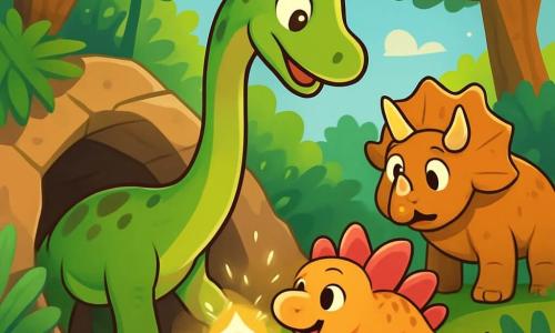 Ein Diplodocus namens Lino, mit einem langen, eleganten Hals und einer grünen Haut, die mit braunen Flecken bedeckt ist, steht am Rand einer kleinen Höhle. Seine großen Augen strahlen vor Staunen und Aufregung, während er ein mysteriöses, leuchtendes Artefakt beobachtet, das vor ihm schwebt. Neben ihm schaut ein kleiner Stegosaurus namens Mira, mit rosa Rückenschildern und einem neugierigen Lächeln, fasziniert auf das Phänomen. Ein robuster Triceratops namens Taro, mit imposanten Hörnern, steht etwas im Hintergrund, besorgt aber interessiert und mustert die Höhle. Die Szenerie ist ein üppiger Wald mit großen, dicken Baumstämmen, riesigen Farnen und bunten Blumen unter einem klaren blauen Himmel. Sonnenlicht filtert durch die Blätter und erzeugt Licht- und Schattenspiele auf dem Boden. Die Hauptsituation zeigt Lino, der fasziniert das magische Artefakt berührt, das ein sanftes, geheimnisvolles Licht ausstrahlt, während seine Freunde zuschauen, bereit, das Geheimnis zu entdecken, das auf sie wartet.