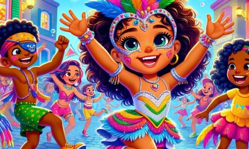 Una niña de 10 años, llamada Alba, con cabello rizado y ojos brillantes de alegría, baila con los brazos en alto, vistiendo un traje colorido adornado con plumas y lentejuelas. Su sonrisa radiante muestra su emoción y determinación para hacer participar a todos en el carnaval. A su lado, Inés, una niña de 10 años con cabello largo y azul, lleva una gran peluca y ríe mientras salta, sosteniendo una bandera colorida. Leo, un niño de 6 años con un antifaz de pirata, gira riendo a carcajadas, justo detrás de Alba. El decorado es una calle festiva, adornada con guirnaldas luminosas y puestos de dulces, bajo un gran cielo azul salpicado de nubes blancas. Burbujas flotan en el aire, añadiendo un toque mágico a la atmósfera alegre. La escena principal muestra a Alba guiando una ronda de bailarines felices, todos en trajes brillantes, que se mueven al ritmo, creando un ambiente festivo vibrante y lleno de vida.