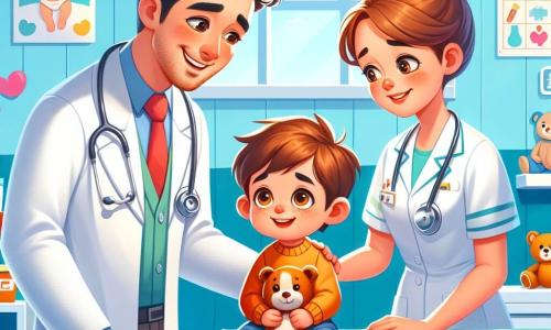 Un hombre, el doctor Pablo, sonriente y bondadoso, lleva una bata blanca impecable y un estetoscopio alrededor del cuello. Sus ojos brillan de empatía mientras se inclina hacia un niño de 5 años que está sentado en una mesa de examen. El niño tiene el cabello castaño desordenado y una expresión preocupada, pero comienza a sonreír al ver al doctor. Junto a ellos, la dulce enfermera Ana, una mujer de unos treinta años con el cabello castaño recogido en un moño, sostiene un oso de peluche y anima al pequeño con una mirada tranquilizadora. La escena transcurre en una sala de examen luminosa y colorida, con paredes pintadas de azul cielo y carteles de dibujos animados sobre salud. Hay juguetes esparcidos en una estantería y una ventana deja entrar la luz del sol. El doctor Pablo explica suavemente al niño cómo lo va a examinar, mientras que la enfermera Ana le muestra el oso de peluche para tranquilizarlo.
