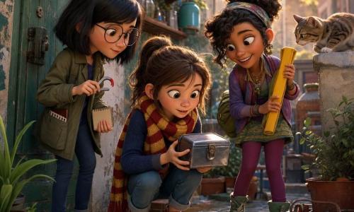 Hay tres niñas: Vera, 11 años, coletas castañas claras, bufanda rojamarilla a rayas, rostro curioso con pecas; está en el centro, agachada, sosteniendo una pequeña caja metálica brillante; Inés, 12 años, pelo negro liso a la altura de la mandíbula, gafas redondas, chaqueta kaki y un pequeño cuaderno asomando del bolsillo; está a la izquierda, de pie, concentrada, sujetando un imán o un lápiz lista para apuntar; Salma, 11 años, rizos recogidos en un moño, gran sonrisa, mochila en un hombro y ropa colorida; está a la derecha, sosteniendo una larga cinta amarilla enrollada y mirando un gato atigrado en un muro cercano. Lugar: pequeño patio urbano conectado a una calle estrecha, suelo empedrado húmedo, macetas alineadas, puerta de madera verde con aldaba redonda, caja de herramientas y estantería con frascos, grafitis suaves en las paredes y luz matinal cálida filtrando entre edificios. Situación: las tres amigas descubren una caja perdida junto a la puerta verde del taller; se inclinan juntas con gestos cómplices y concentrados, atmósfera aventurera pero segura, estilo visual colorido con texturas realistas y volúmenes redondeados tipo animación 3D.