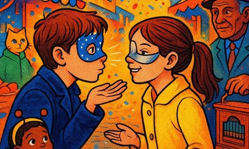 Ragazzo di 12 anni con maschera blu stellata parziale, espressione timida e radiosa, soffia un bacio verso Giulia, circa 12 anni, maschera argentata a mezza luna e cappotto giallo con sorriso complice; la piccola Nora di circa 5 anni in costume d'ape guarda meravigliata vicino alla madre in cappotto verde; un vecchio suonatore di carillon aziona la manovella creando un'onda sonora visibile; mercato lastricato con bancarelle di legno, frutta, stoffe e luci filamentate, coriandoli colorati cadono intorno; composizione ravvicinata centrata sul gesto del bacio, colori saturi e atmosfera festosa e tenera.