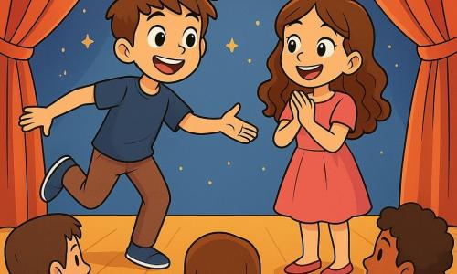 Un ragazzo di 10 anni, di nome Luca, con capelli castani disordinati e occhi pieni di curiosità, si trova al centro del palco. Indossa una maglietta blu notte e pantaloni comodi, mostrando un grande sorriso di orgoglio ed eccitazione. Accanto a lui, una ragazza di 9 anni, Sofia, con lunghi capelli ricci e un vestito rosa, applaude con entusiasmo, i suoi occhi brillano di ammirazione per Luca. La scena si svolge su un palcoscenico decorato con luci scintillanti e tende rosse, con un pubblico di famiglie e amici seduti su sedie di legno, i volti illuminati dalla gioia. Luca ha appena eseguito un salto impressionante durante uno spettacolo di danza e tende la mano alla sua compagna, incoraggiandola a unirsi a lui per la finale. L'atmosfera è carica di energia e cameratismo, simboleggiando l'uguaglianza e il sostegno tra i bambini, indipendentemente dal loro genere.