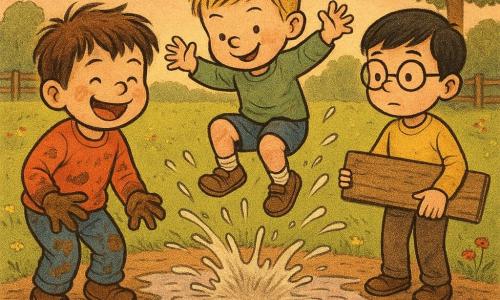 Tre bambini di circa 3 anni in un parco di paese al crepuscolo: a sinistra un bimbo dai capelli castani spettinati con i vestiti sporchi di fango che ride con le mani impastate, al centro un bimbo biondo che fa un salto verso una grande pozzanghera brillante che riflette il cielo rosa con schizzi d'acqua intorno alle scarpe, a destra un bimbo coi capelli neri e occhiali rotondi che tiene una vecchia tavola come trampolino; prato verde punteggiato di fiori gialli e papaveri, panchina e recinzione sullo sfondo e un cane che abbaia al limite; atmosfera giocosa e gioiosa, grandi schizzi, colori caldi e contrasti, tratti morbidi e contorni leggermente texturizzati per effetto impressione su carta.