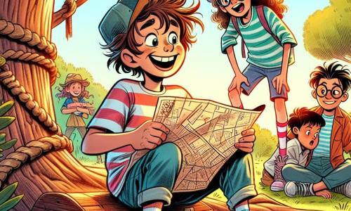 Un ragazzo di 12 anni, Marco, con i capelli arruffati e un grande sorriso malizioso, sta facendo una smorfia comica mentre tiene una mappa disegnata a mano. Indossa una maglietta a righe e dei pantaloni corti di jeans, e i suoi occhi brillano di eccitazione. Accanto a lui, Sara, una ragazza di 12 anni con i capelli ricci e calze spaiate, ride a crepapelle mentre indica una vecchia quercia. Tommy, un ragazzo di 12 anni con occhiali rotondi e un cappellino storto, cerca di liberarsi da un nodo di corda, con un'espressione perplessa. Giulia, una ragazza di 12 anni con capelli lunghi e un'espressione concentrata, è accovacciata ad osservare un vecchio baule di legno nascosto sotto delle foglie. 

Il contesto è un parco soleggiato, con alberi verdi, fiori colorati e un grande prato dove i bambini giocano. In lontananza si intravede una statua strana e un sentiero che si snoda nel parco. 

La scena principale mostra i quattro amici in una caccia al tesoro, ridendo e divertendosi insieme, circondati da risate e un'atmosfera gioiosa, pronti a scoprire il mistero del baule nascosto.