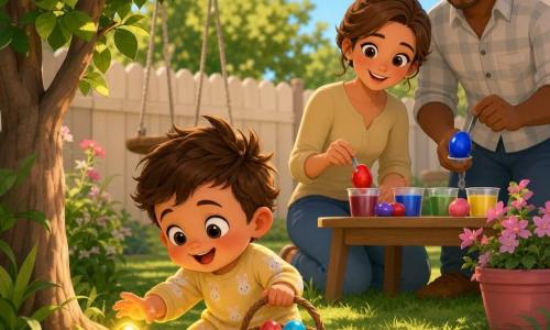 A smiling, chubby 2-year-old boy with rosy cheeks and tousled brown hair wears a pastel yellow bunny romper and holds a wicker basket of colorful eggs; his ~30-year-old mother, with a kind face and light brown hair in a bun, kneels at a small wooden table dyeing an egg red; his tall, calm ~32-year-old father in a light plaid shirt stands beside her turning a blue egg in a cup; a small tree with tender green leaves shelters a glowing golden egg on the ground; the sunny garden has soft green grass, a wooden swing, a pink flower pot and a light wooden fence; the main scene shows the boy discovering the golden egg while his proud parents watch and the eggs gleam wet as if freshly painted.