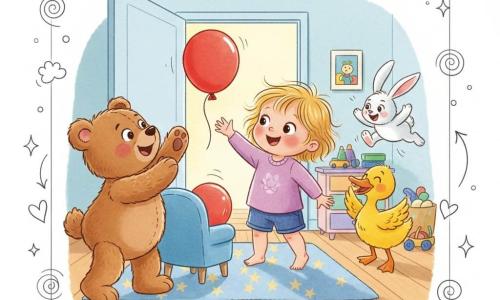 Ein zweijähriges Mädchen, glücklich und neugierig, mit blonden Strähnen, rosigen Wangen und lachenden Augen steht auf den Zehenspitzen und greift nach einem roten Ball; links steht der große braune Teddybär Bär Brumm mit weichem Fell und stupst den Ball mit der Pfote, rechts schlägt die gelbe Ente Ente Dada mit orangefarbenem Schnabel fröhlich mit den Flügeln, hinter dem Mädchen hüpft der weiße Hase Hops mit langen, flexiblen Ohren und schelmischem Blick; sonniges Kinderzimmer mit sternemustergem Teppich, pastellfarbener Kommode, geöffneter Tür, verstreutem Spielzeug, hellem Holzboden und warmer Lichtstimmung; der rote Ball ist unter einem kleinen blauen Sessel gerollt, die Freunde lachen und eilen mit dynamischen Gesten, fröhliche Szene in kräftigen Farben und überzeichneten Ausdrücken.