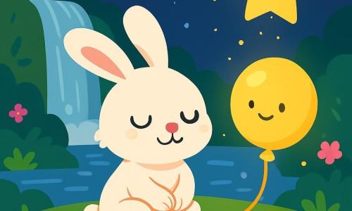 A small, gentle bunny named Luna, with bright white fur and curious sparkling eyes, sits on the green grass near a shimmering waterfall. She has a peaceful smile and appears serene, with her ears slightly folded around her tiny paws. Next to her, a soft, round, warm light balloon joyfully floats in the air, emitting a golden glow. The balloon seems friendly and encouraging, gently dancing above Luna. In the background, a shining star slowly descends from the night sky, illuminating the scene with a soft, magical light. The star sparkles joyfully, like a little guiding light, watching over Luna. The setting is an enchanted garden, bathed in moonlight, with colorful flowers blooming around the waterfall. A light mist rises from the ground, creating a peaceful and dreamy atmosphere. In this main scene, Luna takes a deep breath, closing her eyes, while the light balloon and the star surround her, offering a moment of calm and serenity, allowing her to let go of her little worries.