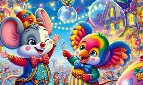 Max, een kleine muis in een clownkostuum met een grote rode neus en sprankelende ogen, danst vrolijk midden in een kleurrijke feest, omringd door ballonnen en slingers. Naast hem zingt een blije papegaai met kleurrijke veren, met een stralende glimlach, en moedigt de anderen aan om te dansen, zittend op een tak. Een grappige olifant met een vlinderdas blaast enorme zeepbellen die om hen heen zweven en de feeststemming verhogen. De locatie is een betoverend dorp, vol kleurrijke versieringen, met huizen met hellende daken en stralende bloemen langs de straten. Schitterende lantaarns verlichten de blauwe lucht en creëren een magische sfeer. De hoofdscene toont Max en zijn vrienden die volop aan het dansen zijn, omringd door lachen en muziek, samen het carnaval vierend in een explosie van kleuren en vreugde.