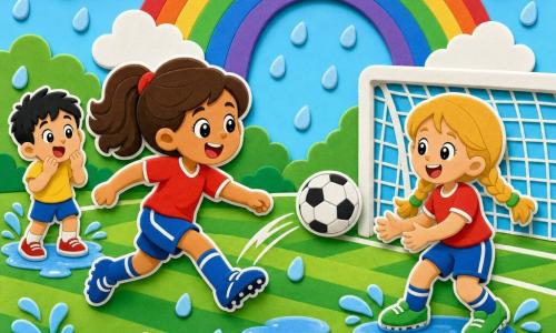 A joyful female footballer with a round face and bright eyes, brown hair in a ponytail, wearing a red jersey with her name, blue shorts and cleats, running to pass the ball to a teammate; Lily, about 9, blond braids, focused and happy, receiving the ball near the goal to the right, wearing green shoes; Tim, about 6, previously shy now delighted, short black hair and an amazed expression, standing at the field side then running to join, slightly behind; setting: large vivid green pitch with striped grass, clean white lines, soft clouds, translucent raindrops and shiny puddles; scene: a friendly match in light rain with players laughing and splashing, a colorful rainbow overhead, simple composition, rounded shapes, primary color contrasts, thick matte textures like EVA foam stickers.
