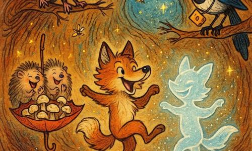 Moss, a joyful young wolf with toasted-bread colored fur, bright puddle-like eyes and a very fluffy tail, spins mid-dance inside a hollow tree trunk while his echo, a translucent shimmering silhouette, mirrors the step slightly ahead and more airy; Pip and Pop, two laughing twin hedgehogs with rounded quills, clap to his left holding an overturned umbrella of marzipan mushrooms; Pippa the tit hangs upside down from a branch above laughing and Jinx, a cheeky black-and-blue magpie wearing a paper-cheese necklace, perches nearby tilting her head; the vast hollow tree is a round chamber of spiral-textured bark lit by moonlight with flying fireflies and a gentle shower of glowing sparkles, creating a whimsical, humorous scene of Moss and his echo whirling under a rain of sparks surrounded by delighted friends in vivid ink-like colors, expressive strokes and clean outlines.
