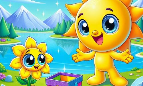 Solinha, um pequeno sol de pelúcia amarelo com um grande sorriso e olhos brilhantes, está de pé diante de uma grande pedra azul, com os braços abertos, cheia de excitação. Ao seu lado, Florinha, uma flor amarela com pétalas delicadas, se inclina para frente com olhos curiosos, suas pétalas levemente tremulando, como se compartilhasse o entusiasmo de Solinha. Ao fundo, um lago cintilante reflete o céu azul, cercado por árvores verdes e uma brisa suave que faz as folhas dançarem. A cena transmite uma atmosfera de aventura alegre, enquanto Solinha e Florinha descobrem uma misteriosa caixa colorida no chão, pronta para revelar um tesouro escondido.
