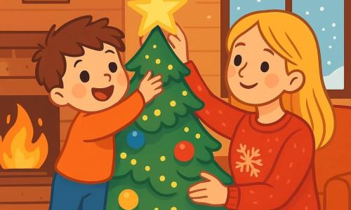 Um menino de 4 anos, com cabelos castanhos bagunçados e olhos brilhantes de alegria, está em frente a um grande pinheiro de Natal. Ele sorri maravilhado, com as bochechas rosadas iluminadas pelas luzes das guirlandas cintilantes. Sua mãe, uma mulher gentil de cerca de 30 anos, com cabelos longos e loiros, está sentada no sofá ao lado dele, mostrando como pendurar uma estrela brilhante no pinheiro. Ela usa um suéter vermelho com estampas de flocos de neve. O ambiente é acolhedor, com paredes de madeira e um tapete macio. Uma lareira crepita, projetando uma luz dourada nas decorações de Natal. Flocos de neve caem suavemente do lado de fora, visíveis pela janela. O menino, todo animado, estende a mão para colocar a estrela cintilante no topo do pinheiro, criando um momento mágico de Natal cheio de luz e amor.