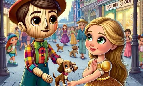 Pinocchio, een jonge houten jongen met een gladde, glanzende huid, nieuwsgierige ogen en een grote vastberadenheid op zijn gezicht, staat in het midden van de afbeelding. Hij draagt een kleurrijke hoed en een geruite shirt, terwijl hij zijn hand uitsteekt om een verloren hondje te helpen. Naast hem kijkt Mia, een meisje van ongeveer 8 jaar met lange blonde haren en een glinsterende gouden jurk, naar Pinocchio met hoopvolle ogen, haar gezicht verlicht door een glimlach van dankbaarheid. Ze staat iets op de achtergrond en houdt een kralenketting vast die toebehoorde aan haar hond. De achtergrond toont een drukke straat in een grote stad, met hoge gebouwen in felle kleuren, fonkelende straatlantaarns en nieuwsgierige voorbijgangers die de scène observeren. Bomen langs de straat voegen een vleugje groen toe aan de stedelijke omgeving. De belangrijkste situatie toont Pinocchio en Mia die op zoek zijn naar het verloren hondje, wat een moment van vriendschap en samenwerking illustreert, met een vrolijke en hoopvolle sfeer.