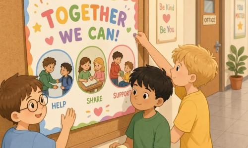 Three boys (about 11): left boy with short brown hair, round glasses and a light blue T‑shirt holding the poster's left corner and pressing it to stick while smiling; center boy with black hair in a fringe, tan skin and a green T‑shirt holding a roll of tape and looking at the poster; right boy with messy blond hair and a yellow T‑shirt adjusting the poster's right corner with a small ink stain on his finger. They are in a school corridor lit by warm lamps, cream walls with a child‑height corkboard, light gray tiled floor, an office door with a potted plant in the background and blurry school posters on the walls. The three boys are cooperatively putting up a large colorful poster on the board with rounded letters, a bright border and three small drawn vignettes showing helping scenes; their gestures are calm and focused, expressions gentle, creating a warm, encouraging atmosphere.