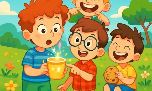 There are 4 children: Oliver, an 8-year-old boy with curly, messy hair, wearing a blue striped t-shirt and green shorts, holding a sparkling cup with wide eyes of surprise; Max, also 8, with round glasses sliding down his nose, dressed in a red checkered shirt and beige pants, pointing at the magical cup with a delighted smile; Sam, an 8-year-old boy with messy brown hair, wearing a yellow t-shirt and holding a giant cookie, sitting on a pile of cookies and laughing; and Leo, an 8-year-old boy with blonde hair and a big smile, wearing a green t-shirt, making a funny face behind Oliver and Max. The scene takes place in Misty Meadow, a green field dotted with colorful flowers swaying in the wind, under a bright blue sky with fluffy clouds. The main situation shows the children discovering the magical cup that sparkles brightly, with Oliver amazed by the cup emitting colorful sparks, while Max, Sam, and Leo approach with curiosity and excitement, ready for an incredible adventure.