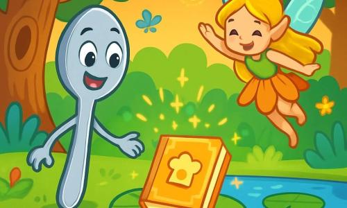 A small shiny metal spoon named Sammy, with a smiling face and sparkling eyes, proudly stands at the edge of a magical pond. He is reaching out to grab a shimmering recipe book resting on a lily pad. Next to him, a small fairy named Bella, with iridescent wings, joyfully flies around. She has long golden hair and wears a dress made of flower petals, her face beaming with joy as she encourages Sammy. The setting is an enchanted forest with large, gnarled trees and vibrant green leaves. Colorful flowers and fireflies light up the air, creating a magical and welcoming atmosphere. The main scene shows brave Sammy on a quest to retrieve the lost recipe book, surrounded by the fairy beauty of the forest, ready for a great adventure.