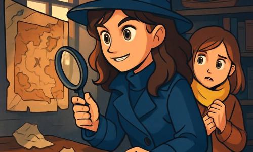 Clara, a 17-year-old girl with wavy brown hair, wears a navy detective coat and a felt hat. She has a determined and curious look, her eyes sparkling with excitement as she examines an old map on the wall. Next to her, Maya, a 16-year-old girl with a bright yellow scarf, looks on with a worried expression, her hands clutching her coat. She stands slightly back, watching Clara with admiration and nervousness. The setting is a dark, dusty room in an old museum, with shelves filled with ancient books and maritime objects on the walls. Soft light filters through a window, illuminating cobwebs in the corners. The main scene shows Clara discovering clues on a wooden table while Maya leans in to see what she has found. Crumpled pieces of paper and a small notebook are scattered around them, creating an atmosphere of mystery and adventure.