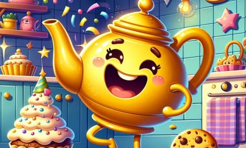 An illustration depicts a cheerful yellow ceramic teapot with a shiny spout and a bright smile, dancing enthusiastically in the center of a kitchen. It expresses great joy and palpable excitement, with its handles swaying joyfully. Next to it, a golden crispy cookie with chocolate chips twirls and laughs, its eyes sparkling with happiness. A pink cupcake, adorned with creamy frosting and sparkling sprinkles, stands proudly beside it, holding a tray of colorful cupcakes. The scene takes place in a warm and welcoming kitchen decorated with colorful garlands and balloons, featuring a table set for a party filled with treats and festive decorations. The main situation shows the characters preparing a New Year's surprise, surrounded by laughter and joy, while they decorate the kitchen with streamers and confetti, ready to welcome family for a magical celebration. Additional graphic elements include clocks striking midnight, twinkling stars on the ceiling, and festive lights illuminating the scene, creating an enchanted party atmosphere.