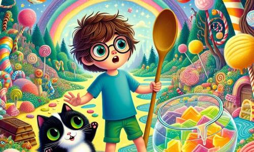 Um garoto de 12 anos, Lucas, com cabelos castanhos bagunçados e óculos redondos, está de pé no meio de uma floresta de doces coloridos, com os olhos arregalados de surpresa e alegria. Ele usa uma camiseta azul e um short verde, segurando uma grande colher de madeira como se estivesse pronto para mergulhar em uma sopa gigante de gelatina multicolorida. Ao seu lado, o Sr. Purr, um gato elegante com pelagem listrada preta e branca, está em suas patas traseiras, sorrindo maliciosamente, com olhos verdes brilhando de excitação. Um pequeno porquinho de marshmallow, chamado Biscoito, com orelhas em forma de doce, dança alegremente em um galho de chocolate, adicionando um toque de humor à cena. O lugar é uma floresta encantada onde as árvores são feitas de alcaçuz e os rios fluem com refrigerante, criando uma paisagem mágica e divertida. Nuvens de algodão doce flutuam no céu azul, e estrelas de açúcar brilham ao redor deles. A cena principal mostra Lucas e o Sr. Purr pulando em uma imensa sopa de gelatina, cercados por criaturas fantásticas, prontos para viver uma aventura incrível, com risadas e cores vibrantes preenchendo o ar.