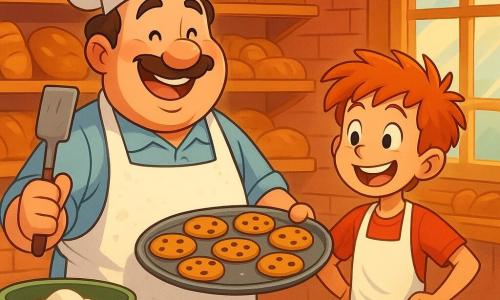 A jovial man, Baker Bob, with a round belly and rosy cheeks, wears a white apron covered in flour. He smiles widely, his eyes sparkling with happiness, as he holds a spatula in one hand and a tray of golden cookies in the other. Next to him is an enthusiastic boy named Timmy, about 8 years old, with messy red hair and a big smile, wearing a small apron. He looks in awe at the cookies, hands on his hips, full of excitement. The scene takes place in a warm bakery with brick walls, shelves filled with golden bread and colorful pastries, and a large window letting in sunlight. The delicious smell of baking fills the air, creating a welcoming and joyful atmosphere. The main situation shows Baker Bob and Timmy preparing cookies together, surrounded by flour and ingredients, sharing laughter and moments of bonding, illustrating the magic of baking and the boy's learning experience.
