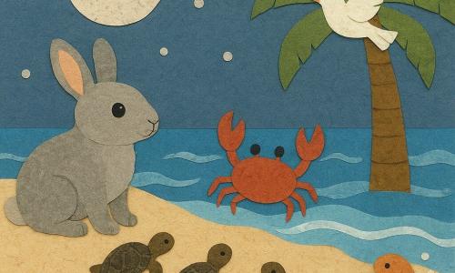 Clover, a small rabbit with soft gray fur and curious eyes, stands on a sand dune, watching in awe as baby turtles head to the sea. She looks determined and caring. Next to her, Sam the crab, with his shiny shell and raised claws, enthusiastically shows the turtles the way. Pippa the pigeon, perched on a palm tree, spreads her white wings to guide the baby turtles. Bubbles, the little fish, swims near the shore, creating bright bubbles in the clear water. The scene unfolds on a fine sandy beach, bathed in the moon's silvery light, with gentle waves caressing the shore. The baby turtles, with their small shiny shells, bravely move towards the ocean, following the path illuminated by the moon.