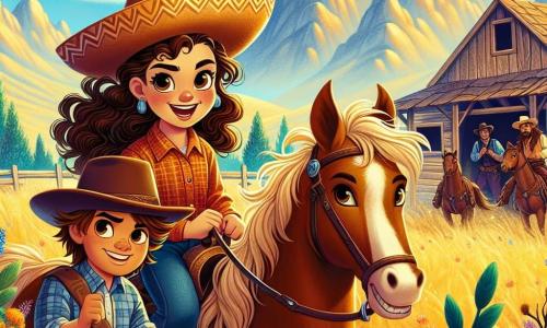 Clara, o tânără cowgirl de 12 ani, stă mândră pe calul ei mustang numit Tornado. Are părul lung și ondulat, o sombrero mare și un zâmbet hotărât pe față, arătându-și curajul și determinarea de a-și proteja satul. Lângă ea, Jake, un băiat de 11 ani cu părul castaniu și o cămașă în carouri, o privește cu admirație, pregătit să o ajute în aventură. Mediul lor este o vastă pajiște aurie, presărată cu flori sălbatice colorate, sub un cer albastru strălucitor, cu munți măreți în fundal. Scena are loc lângă un vechi hambar abandonat, unde se adună bandiți, creând o atmosferă de tensiune și excitație. Clara și Jake, ascunși în spatele unor arbuști, se pregătesc să-i surprindă pe bandiți, ilustrându-și curajul și spiritul de echipă în fața pericolului.