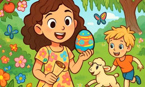 A 12-year-old girl, Ellie, with curly brown hair and sparkling eyes full of curiosity, stands in the middle of an enchanted garden. She wears a floral spring dress, and her face expresses wonder as she discovers a magical egg with colorful patterns. Next to her, her 6-year-old brother Max, with messy blonde hair and a cheeky smile, chases a lamb that is joyfully frolicking near a blooming apple tree. The garden is filled with vibrant flowers, colorful butterflies fluttering around, and an old weeping willow that seems to whisper secrets. In the background, a majestic tree stands tall, its wide branches providing gentle shade. Fascinated, Ellie holds a scroll in her hand, ready to solve a magical riddle that could lead her to an incredible adventure.